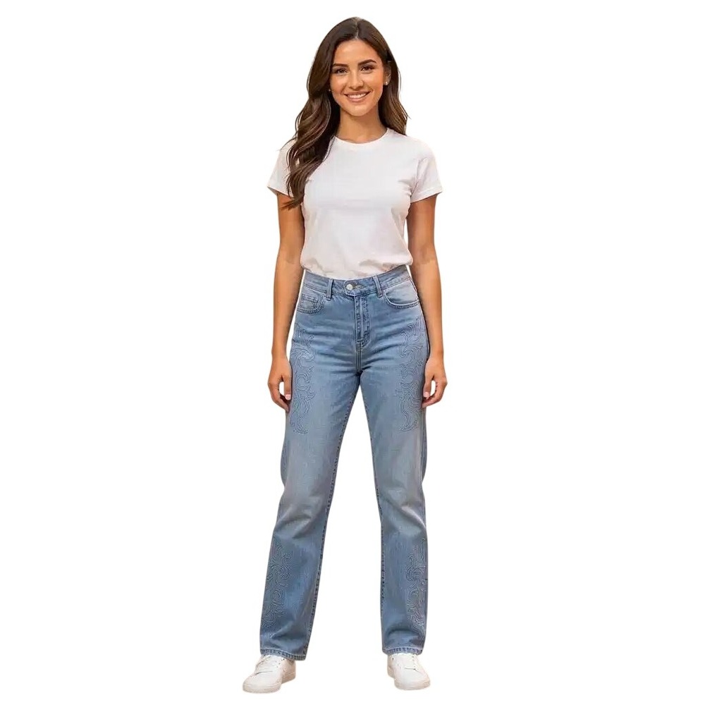 New Max Womens Bootcut Jeans Medium Wash Blue Embroidered Scroll Size 6 NWT